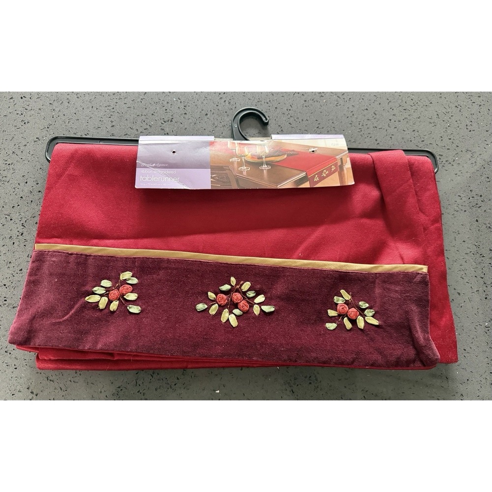 New Christmas Red Burgundy Velvet Border Ribbon Embroidery 16 X 72" Table Runner